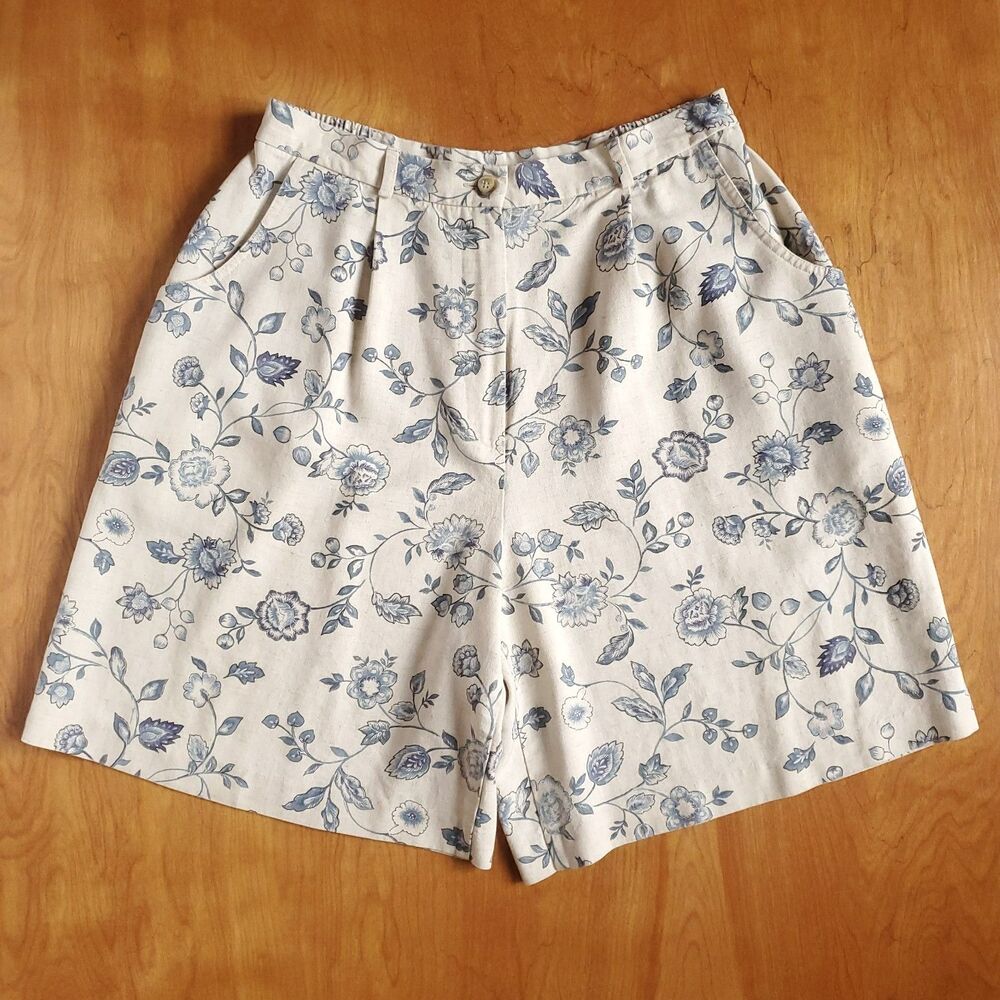 Vintage High Rise Pleated Shorts Sz 16 30x8 Beige Floral Linen Blend Cottage